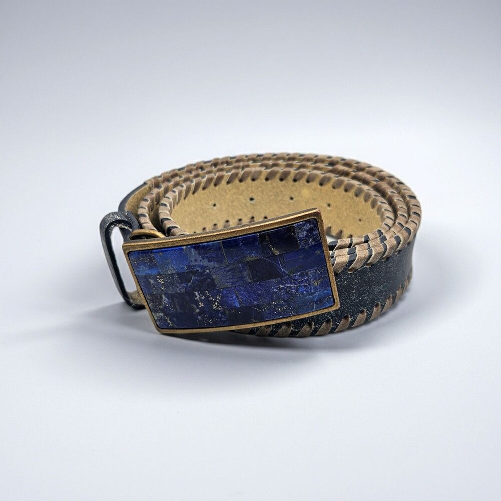 Streets Ahead Leather Belt with Enamel Brass Buckle Boho Indie Western SZ L 1.5"
